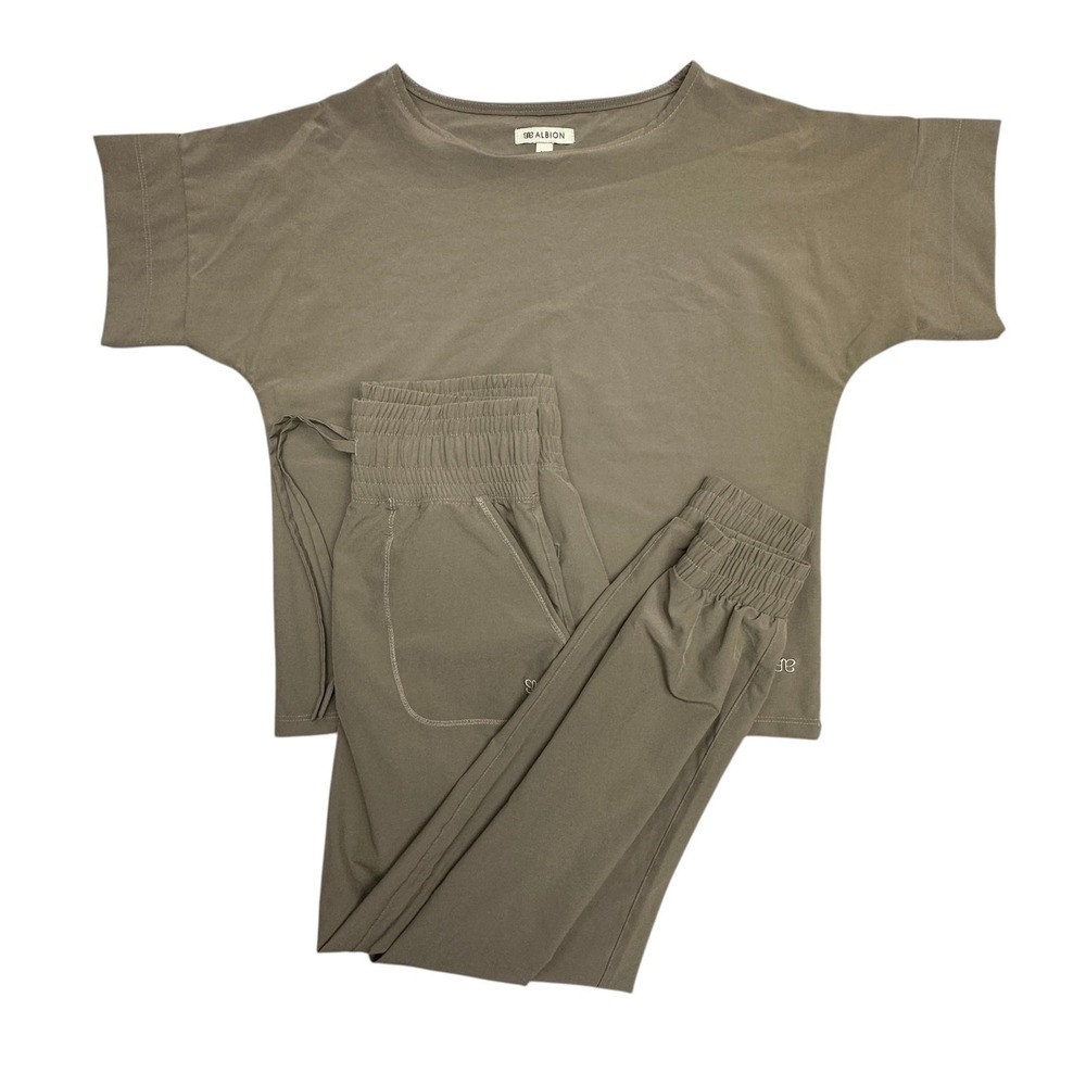 Albion Sweatsuit Set Womens XS Brown Jogger Pants Short Sleeve T Shirt Stretch